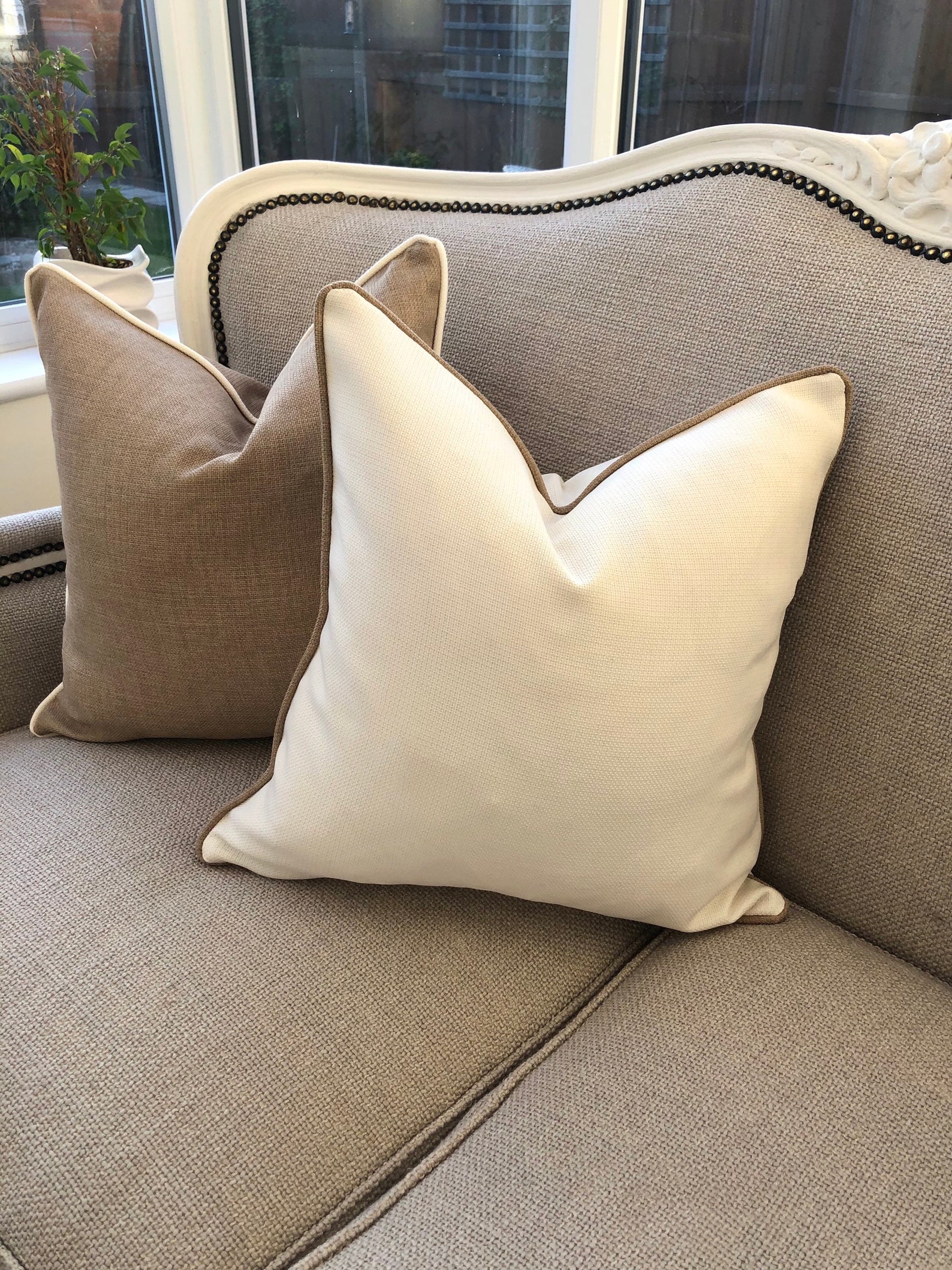 Cream/neutral linen look cushion cover with brown/taupe Etsy