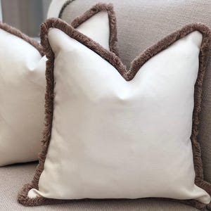 Light Cream Linen Look Fringed Cushion Cover: Custom Size + Trim Colour
