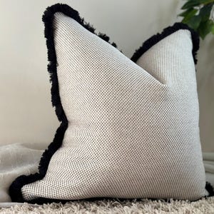Luxury Cream Beige Cushion with Black Fringe Trim - Modern Neutral Textured Throw Pillow - Farmhouse Home Decor - More size & Trims - ATHENA