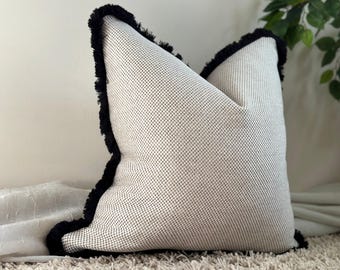 Luxury Cream Beige Cushion with Black Fringe Trim - Modern Neutral Textured Throw Pillow - Farmhouse Home Decor - More size & Trims - ATHENA