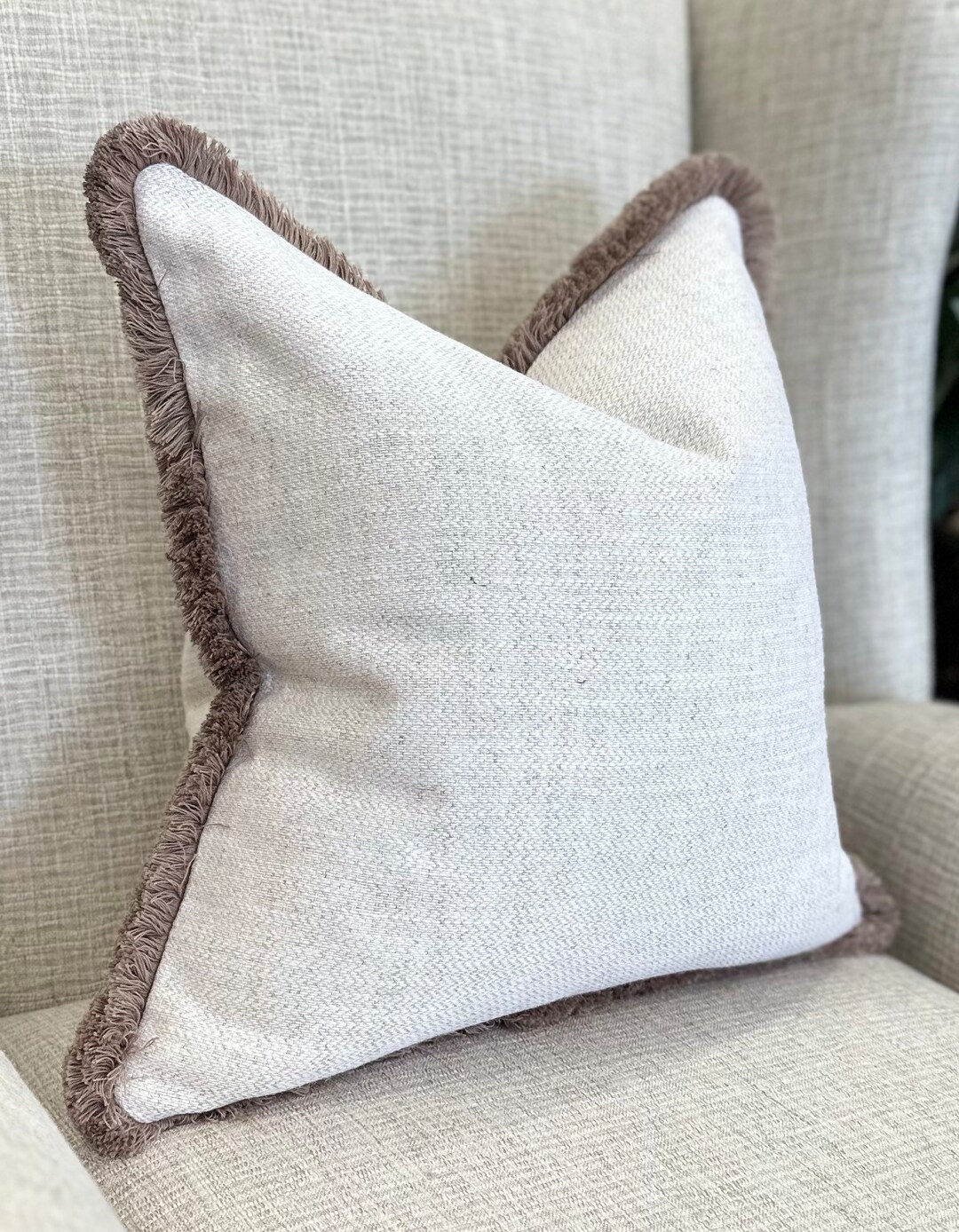 COTSWOLDS Modern Farmhouse Cushion Cover Boho Decor Neutral Cream Pillow Cover With Taupe Fringe