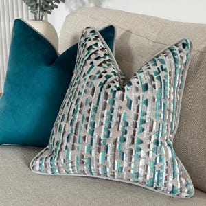 Teal Geometric Cushion Cover with Custom Piping - Luxury Bold Throw Pillow | VELLUTO