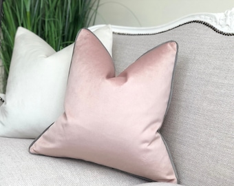 BLUSH | pink velvet cushion with a grey piping . modern contemporary luxury . throw pillow cover/scatter cushion