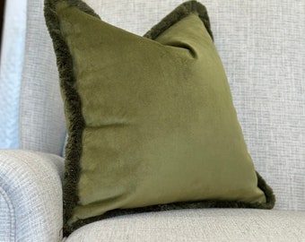 Moss Green velvet cushion cover with fringe - luxury green pillow cover - traditional decor