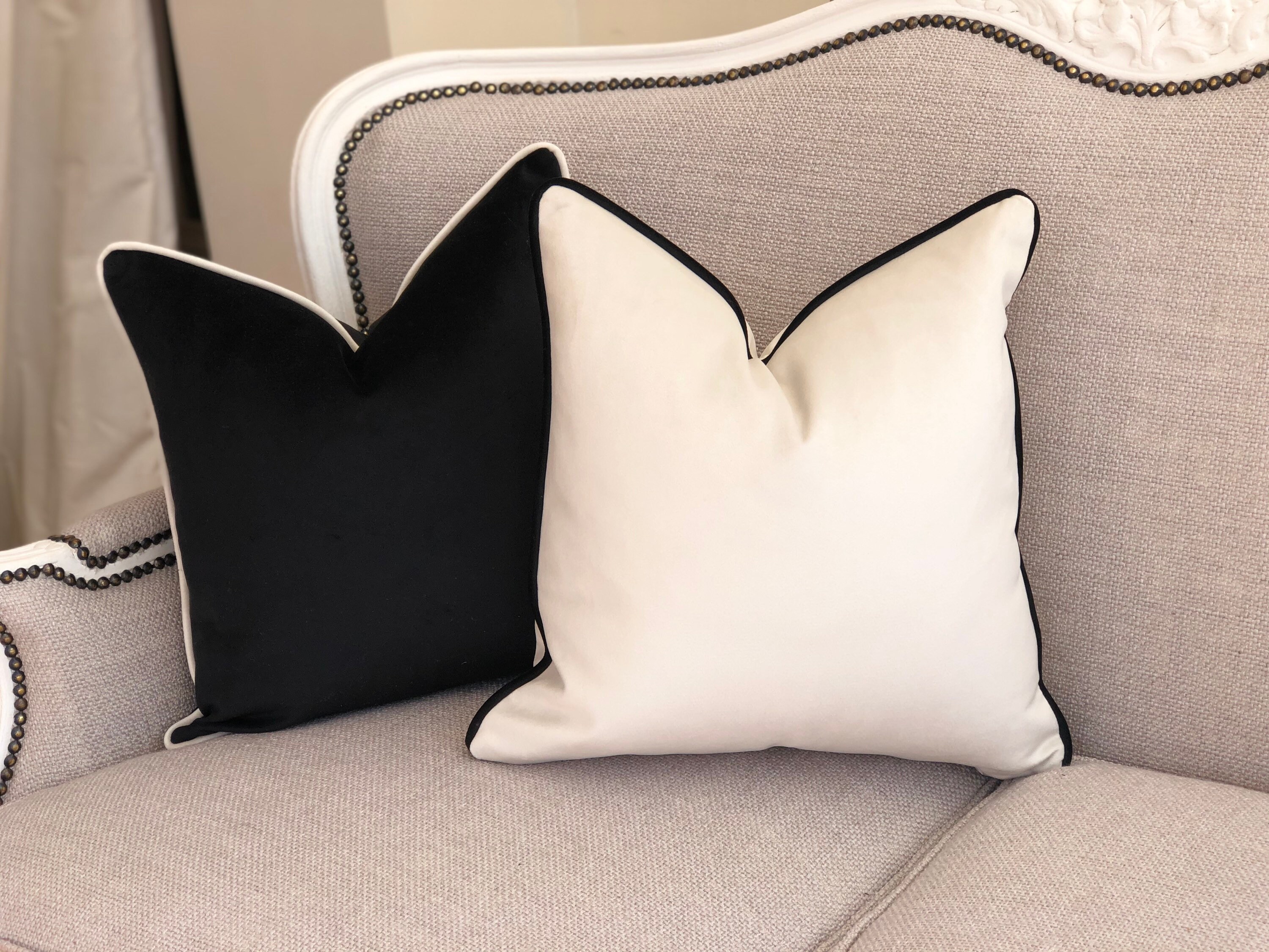 Ivory white tone velvet cushion cover with black contrast Etsy
