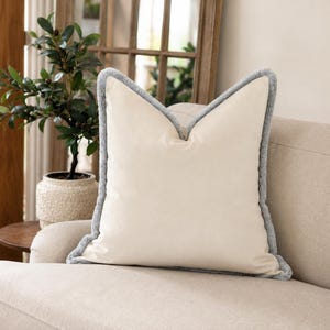 Ivory Velvet Cushion Cover with Fringe: Custom Size + Trim Colour