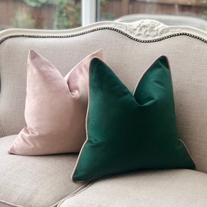 Green velvet pillow cover with blush pink piping modern home decor accent cushion covers for bed,sofa,chairs more size & trim colours image 1