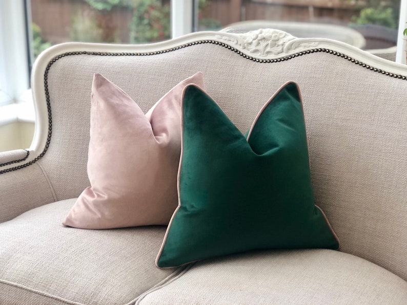 Green velvet pillow cover with blush pink piping modern home decor accent cushion covers for bed,sofa,chairs more size & trim colours image 1