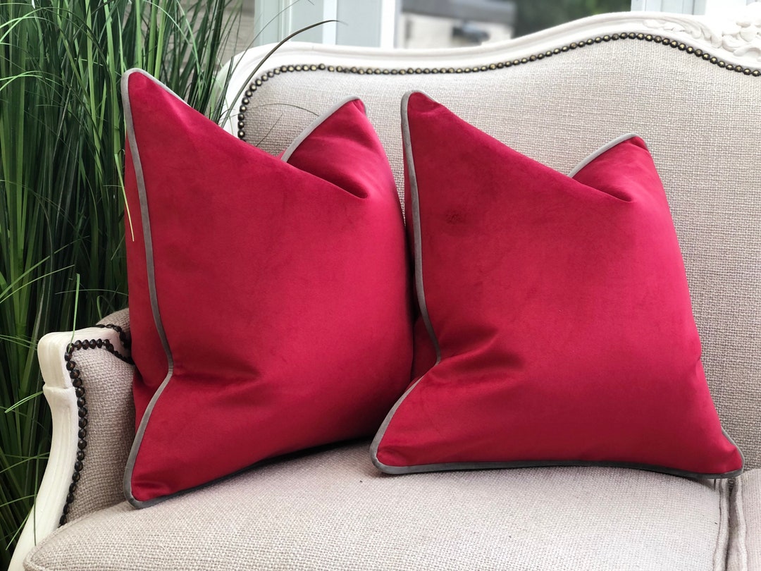Red Velvet Cushion Cover With Piping Trim Luxury Red Pillow Cover