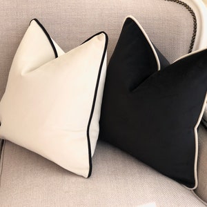 Ivory /off white plush velvet cushion cover with black contrast piping /ivory white luxury throw pillow cover modern/contemporary