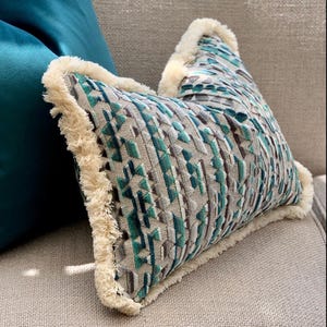 Teal Geometric Fringed Cushion Cover: Custom Size + Trim Colour