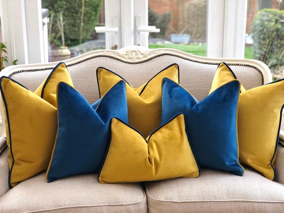 Mustard Gold Marine Blue Velvet Cushion Cover Set Modern Throw