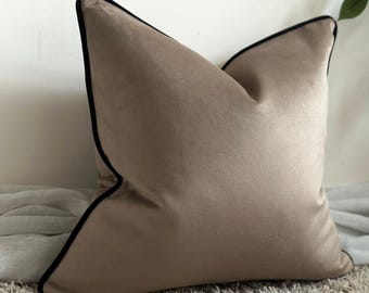Luxury beige taupe velvet cushion -  throw pillows with fringe or piped edge, long lumbar,  Square, rectangle pillows for sofa, bed