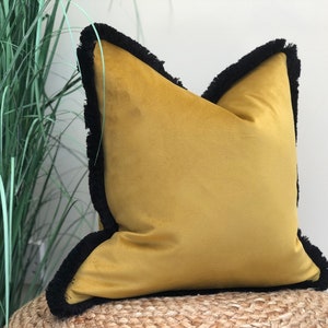 Mustard Gold cushion cover with black edge | mustard pillow cover | fringe trim | velvet cushions | mustard decor |