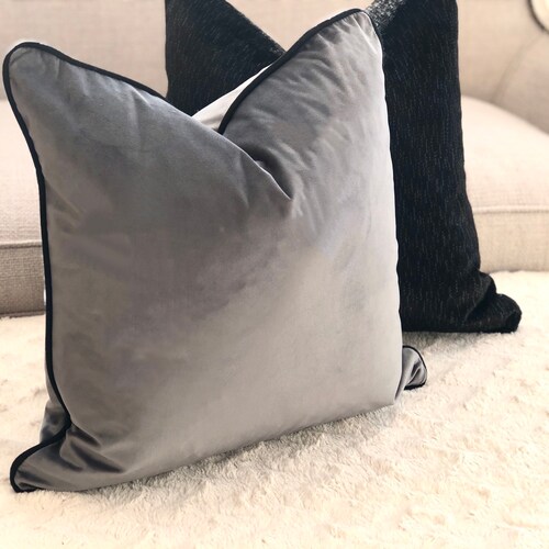 Grey Plush Velvet Cushion Cover With Black Piping Throw Etsy UK