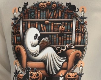 Felpa con libri di lettura di fantasmi retrò, fantasma del bibliotecario Halloween, felpa per insegnanti di Halloween, camicia di Halloween, regalo per insegnanti, scuola Boo