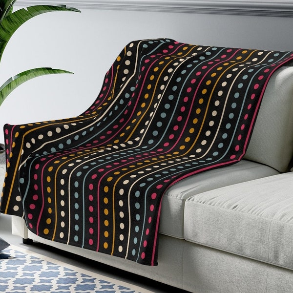 Velveteen Plush Blanket with Stripes and Dots on Black Ground Retro look, three size options, perfect gift