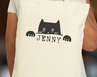 Personalized Cute Black Cat Trick or Treat Bag, Cotton Canvas Tote Bag, Customized Halloween Candy Gift, Kids Custom Name Trick-or-Treat bag