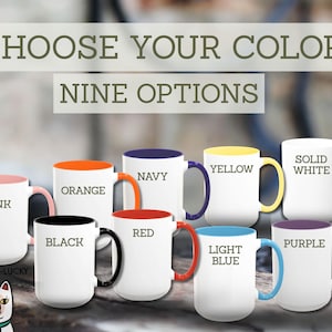 a collection of nine colorful mugs, each with a different color and design, arranged in a row. Above the mugs, there is text that reads "CHOOSE YOUR COLOR NINE OPTIONS".