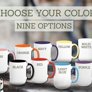 a collection of nine colorful mugs, each with a different color and design, arranged in a row. Above the mugs, there is text that reads "CHOOSE YOUR COLOR NINE OPTIONS".