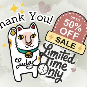 a cat with a bell collar, surrounded by various sale-related elements such as a "Thank You!" message, a "50% OFF" sale banner, and a "Limited Time Only" sign.
