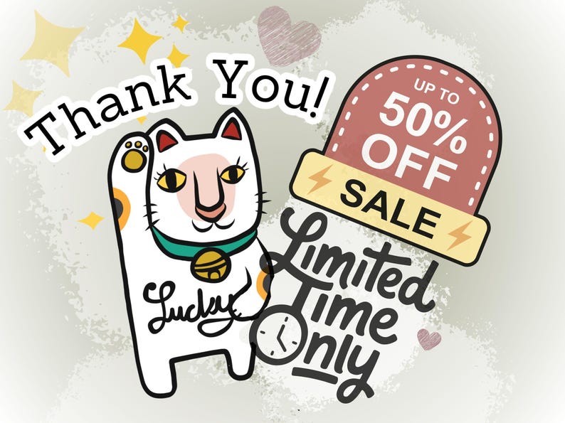 a cat with a bell collar, surrounded by various sale-related elements such as a "Thank You!" message, a "50% OFF" sale banner, and a "Limited Time Only" sign.