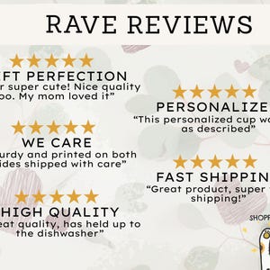 a collection of positive reviews for a product, with each review rating it on a scale of 1 to 5 stars. The reviews describe the product as perfect, personalized, fast, high quality, and great. The product is a cup, and the reviews highlight its features and performance.