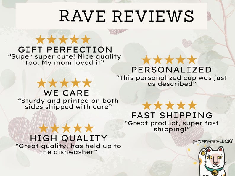 a collection of positive reviews for a product, with each review rating it on a scale of 1 to 5 stars. The reviews describe the product as perfect, personalized, fast, high quality, and great. The product is a cup, and the reviews highlight its features and performance.