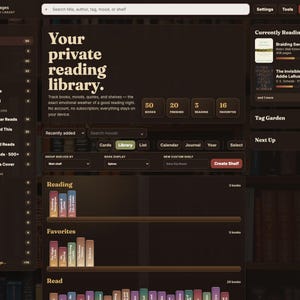 May include: A dark-themed digital interface for a book tracking application titled Tidy Pages. The dashboard features a sidebar with book categories, a central area displaying virtual bookshelves with colorful book spines, and a right-hand panel for currently reading titles. The interface uses a brown color palette with white text.