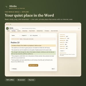 May include: A digital interface for the Abide Bible Study and Prayer application displayed on a screen. The layout features a navigation bar, a search field, and a central text area showing Psalms 23 from the King James Version of the Bible.