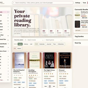 Könnte beinhalten: Eine digitale Benutzeroberfläche für eine Lese-Bibliotheksanwendung namens Tidy Pages. Das Dashboard zeigt Buchsammlungen, Lesefortschritte und eine Liste von Büchern, darunter The Left Hand of Darkness, Braiding Sweetgrass, The Night Circus und Piranesi.