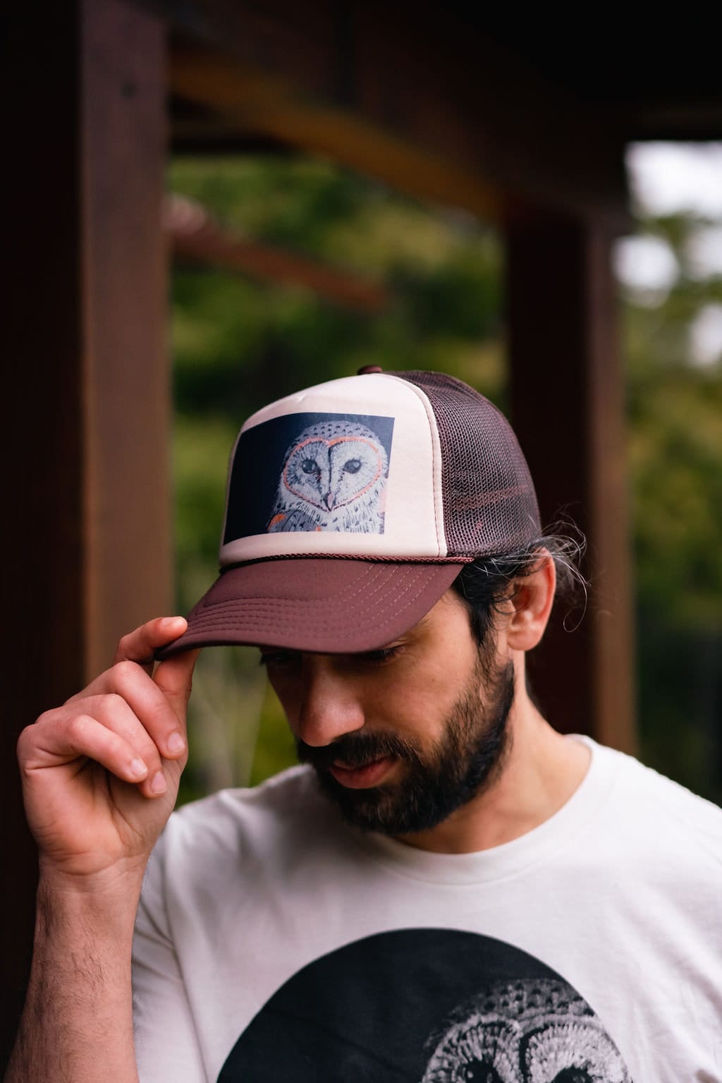 Barn Owl Hand Drawn Nature Print Hat, Tan & Brown Trucker Hat