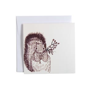 May include: A brown and white illustration of a squirrel holding a sprig of berries. The squirrel is drawn in a detailed style with a fluffy tail and a cute expression.