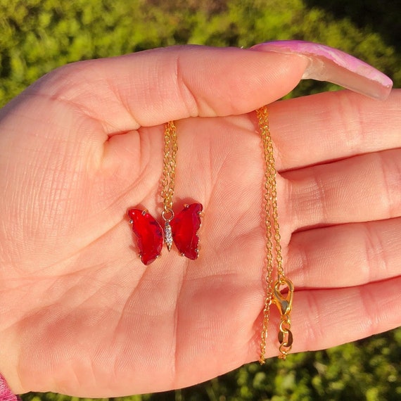18k Gold Plated Red Glass Butterfly Pendant Necklace Gift for Her