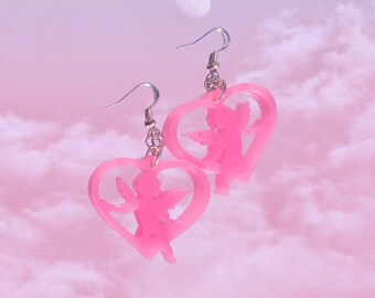 Pink Angel Heart Earrings | Hypoallergenic Hooks, Kawaii Jewelry