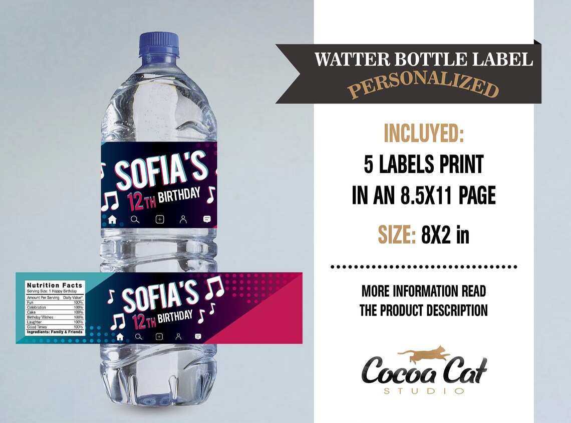 Tik Tok water bottle label Party printable Musical birthday Etsy