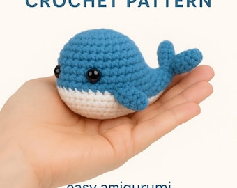 May include: A crocheted mini whale toy in blue and white, with black safety eyes. The image includes the text "ADORABLE MINI WHALE CROCHET PATTERN" and "easy amigurumi project for beginners!"