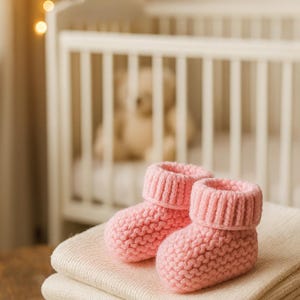 May include: A pair of soft, light pink knitted baby booties with a ribbed cuff, resting on top of a stack of folded, cream-colored knit blankets. The booties feature a textured garter stitch pattern and a thick, folded-over ribbed ankle collar.