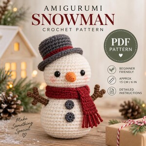 Wzór na szydełkowego bałwana w formacie PDF | Pluszowy bałwanek amigurumi DIY | Wzór na świąteczną dekorację dla początkujących | Łatwa zimowa zabawka świąteczna do pobrania w wersji cyfrowej