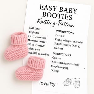 May include: Two pink knitted baby booties sit beside a printed knitting pattern. The pattern is for easy baby booties and includes instructions for beginners. The booties are designed to fit babies aged 0-3 months.