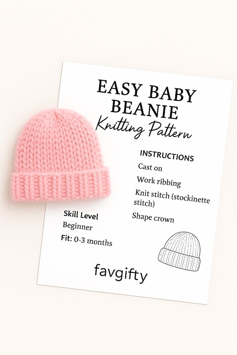 K&ouml;nnte beinhalten: Ein rosa gestrickter Baby-Beanie neben einem wei&szlig;en Papier mit dem Text "EASY BABY BEANIE Knitting Pattern". Das Muster enth&auml;lt Anweisungen f&uuml;r Anf&auml;nger und passt f&uuml;r Babys im Alter von 0-3 Monaten.