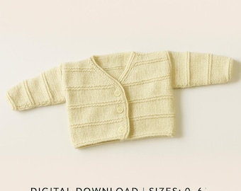 Könnte beinhalten: Eine hellgelbe Strickjacke für Babys mit V-Ausschnitt und drei Knöpfen. Der Text lautet: BABY CARDIGAN Easy Knitting Pattern, DIGITAL DOWNLOAD | SIZES: 0-6 MO, 6-12 MO, 12-18 MO, 2-3 YRS, Written in US knitting terms, Designed by favgifty © 2024.