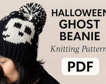 Ghost Knit Hat Pattern: Halloween Beanie, Easy Colorwork (PDF Pattern)