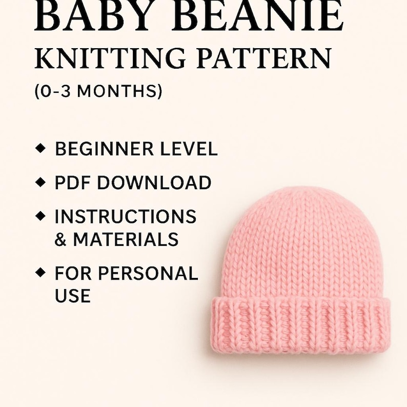 K&ouml;nnte beinhalten: Ein rosa gestrickter Baby-Beanie. Das Bild enth&auml;lt Text mit der Aufschrift "BABY BEANIE KNITTING PATTERN (0-3 MONTHS)", "BEGINNER LEVEL", "PDF DOWNLOAD", "INSTRUCTIONS & MATERIALS" und "FOR PERSONAL USE".
