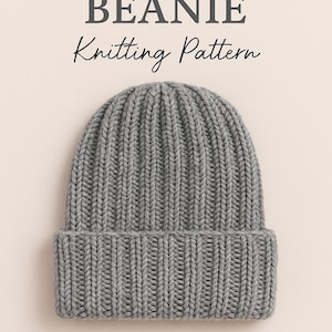 May include: A gray ribbed beanie, a knitted hat, is displayed against a neutral background. The text "RIBBED BEANIE Knitting Pattern" is at the top, and "favgifty" is at the bottom. The hat is made of a soft, warm material.