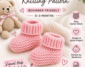 Könnte beinhalten: Ein Paar rosa gestrickte Babyschuhe mit kraus rechts gestrickter Textur und gerippten Bündchen. Der Text lautet: EASY KNIT BABY BOOTIES Knitting Pattern, BEGINNER FRIENDLY, 0-3 MONTHS, Visual Help Included, Easy Garter Stitch, Simple & Quick Project, Perfect for Newborns, PDF, Instant Download, PDF PATTERN • INSTANT DOWNLOAD.