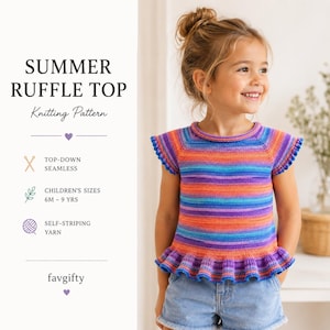 May include: A knitted top with a round neckline, short ruffled sleeves, and a ruffled hem. The garment features a horizontal self-striping pattern in vibrant shades of orange, purple, and blue. Text reads: SUMMER RUFFLE TOP Knitting Pattern.