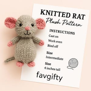 Peut inclure: Une peluche de rat grise tricotée avec des oreilles, des pattes et un nez roses, à côté d'un papier blanc avec des instructions. Le papier indique "KNITTED RAT Plush Pattern" et "4 inches tall" (environ 10 cm). Le jouet a des yeux noirs et une queue grise.