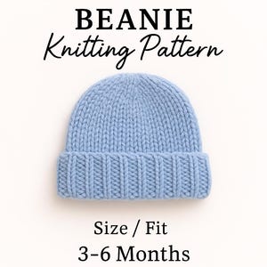 May include: A light blue knitted baby beanie. The text on the image reads "EASY BABY BEANIE Knitting Pattern" and "Size/Fit 3-6 Months". The Etsy shop name "favgifty" is also visible.
