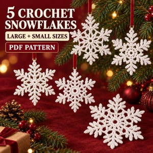 May include: Five white crocheted snowflake ornaments hanging from red ribbons. The text reads 5 CROCHET SNOWFLAKES LARGE + SMALL SIZES PDF PATTERN. The snowflakes feature intricate, symmetrical, six-pointed designs with delicate, lacy patterns.